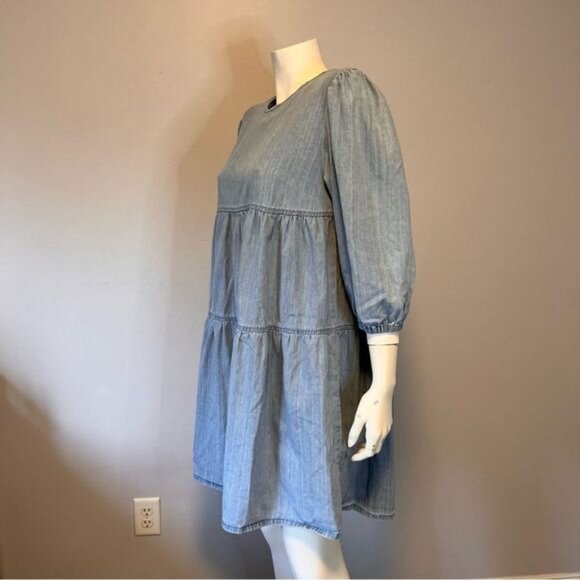Mango Denim Tiered Smock Cotton Dress with Puff Sleeves in Blue Size 6 - Picture 2 of 11